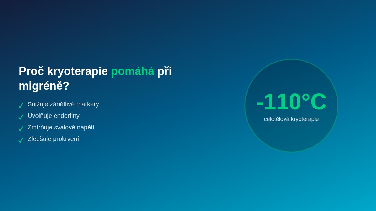 Proč kryoterapie pomáhá při migréně – infografika s klíčovými mechanismy účinku